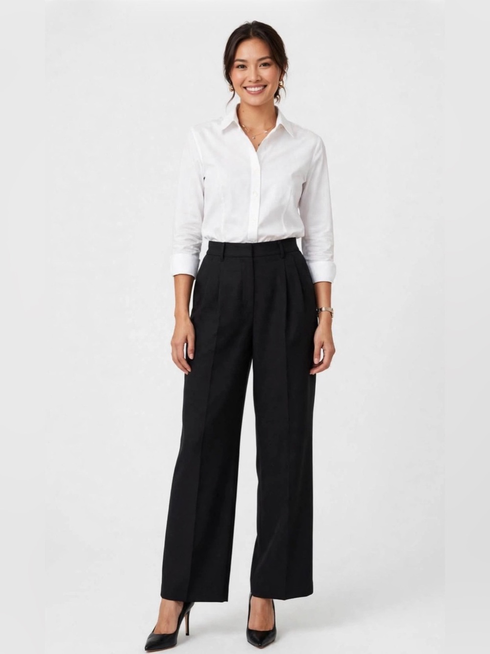 LUXVEER Black Wide Leg High Waisted Pleated Dress Pants Trousers M Workwear
